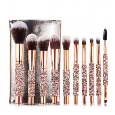 Champagne Gold High-end Glitter 10pcs Diamond Rubber Handle Luxury Synthetic Hair Rhinestone Makeup Brushes